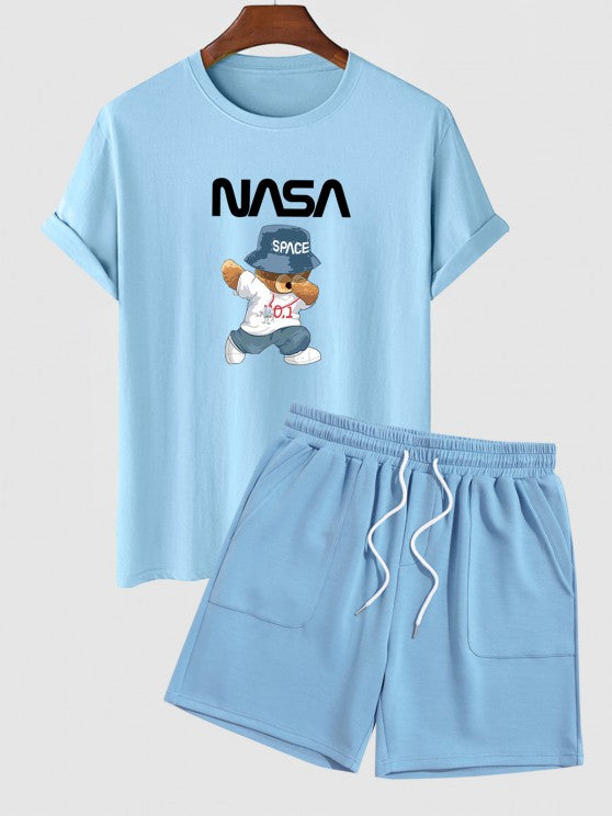 Space Bear Graphic T Shirt And Solid Color Shorts Set