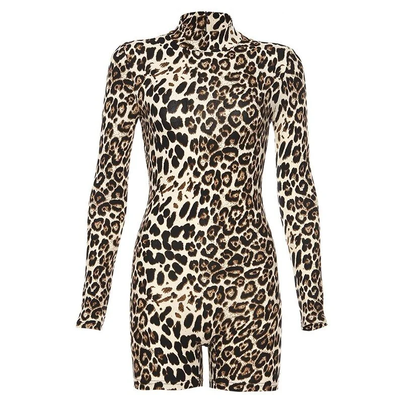 Leopard Playsuit Women Long Sleeve Turtleneck Short Skinny Jumpsuit Fashion Streetwear Autumn Winter Rompers Overalls