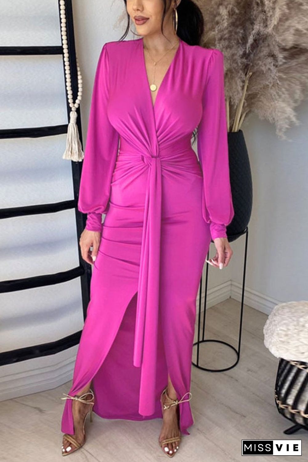 Deep V Neck Slit Hem Knotted Maxi Dress