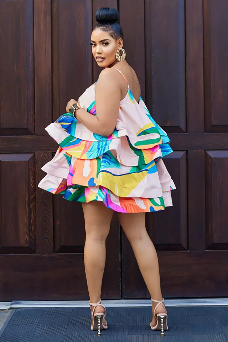 Pattern Print Tiered Ruffled Birthday Party Slip-Mini Dresses