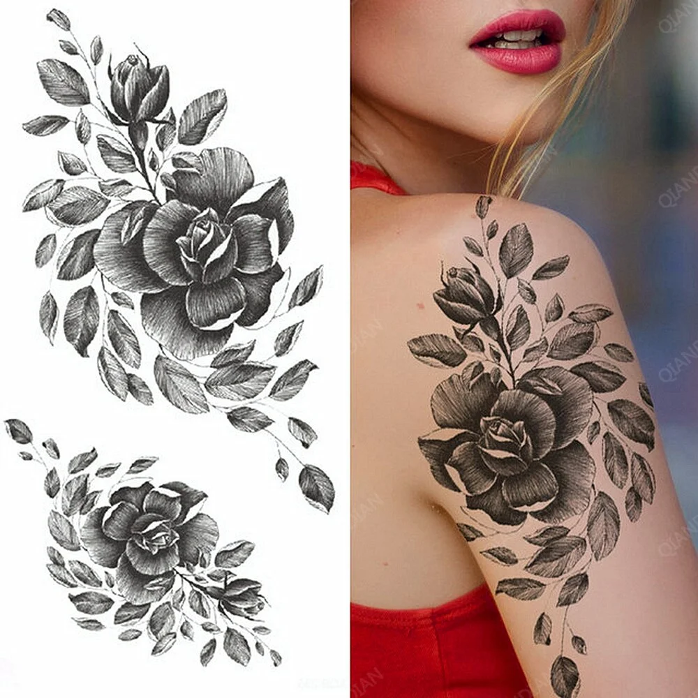 Sdrawing Flower Rose Women Waterproof Temporary Tattoos Fake Stickers Body Arm Cool Art Big Hipster Sexy Colorful Skeleton Paws