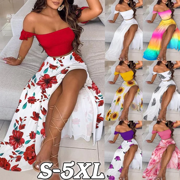 New Women's Sexy Tube Top Print Dress Split Long Skirt Summer Off-Shoulder Beach Dress Mini Skirt Set Plus Size