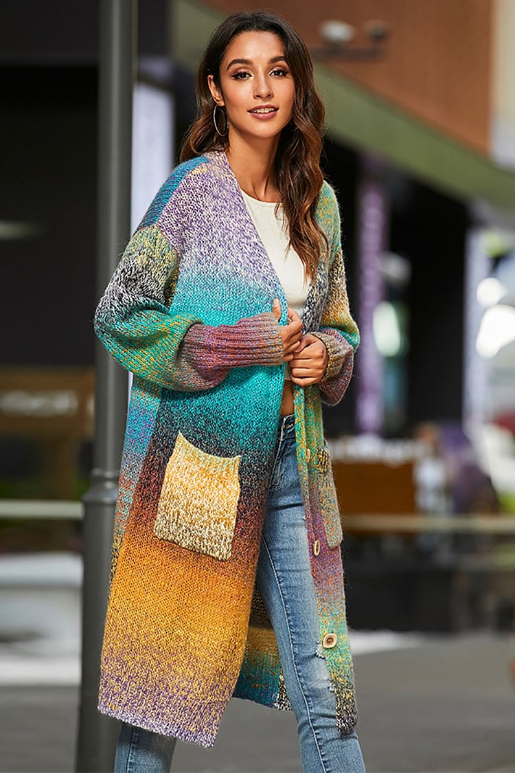 Multicolor Knitted Rainbow Sweater Long Cardigan Coat