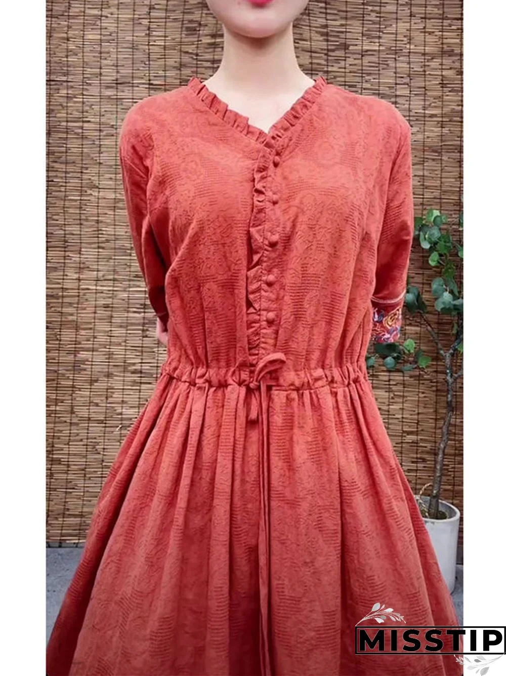 Embroidered V-neck Cotton Linen Dress Loose Lace Up Long Skirt