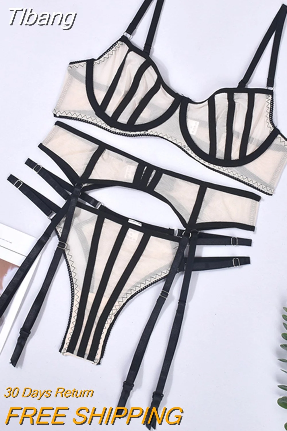 Tlbang Sensual Lingerie Seamless Bra 3-Piece Nude Underwear Without Censorship Bilizna Set Of Sex Sheer Lace Garter Belt Sets