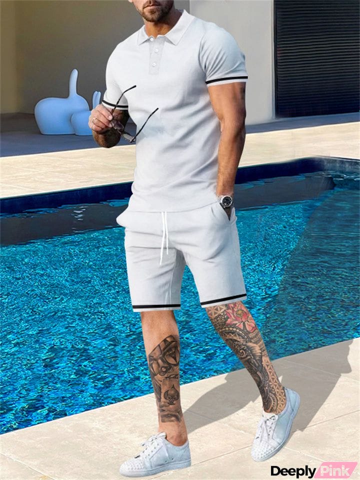 Men's Summer 2-Piece Lapel Short Sleeve T-shirt Loose Shorts