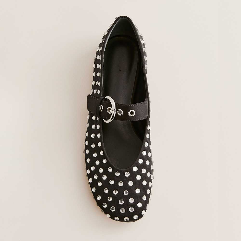 Black Vegan Leather Round Toe Flat Rhinestone Embellished Ballet Shoes Nicepairs