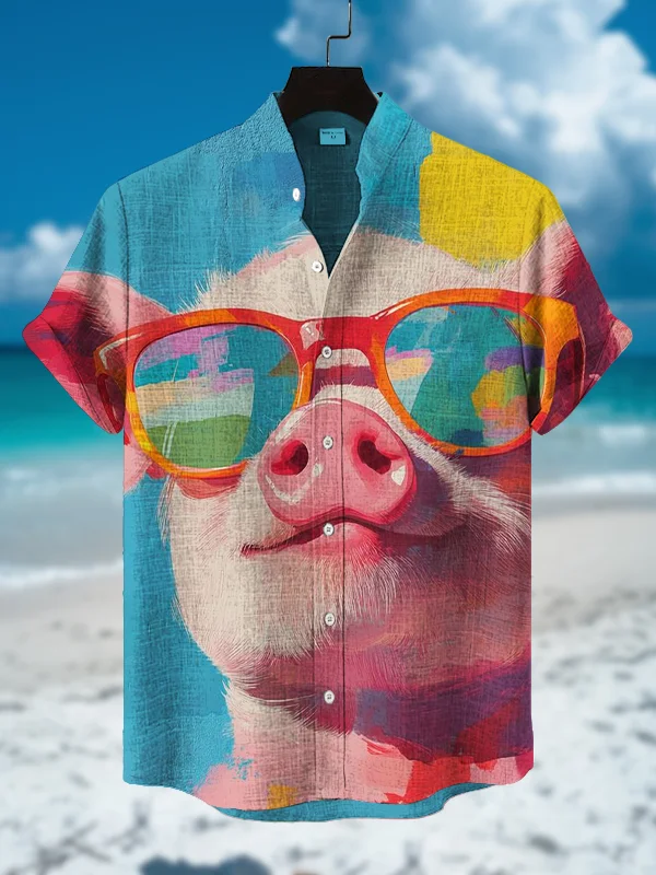 Men's Pig In Sunglasses Color Block Print Short Sleeve Shirt