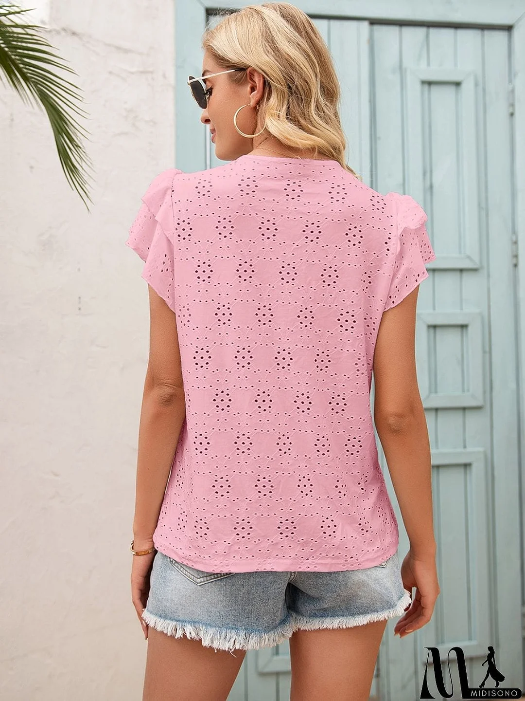 MidiSono - Eyelet Tie Neck Flutter Sleeve Blouse