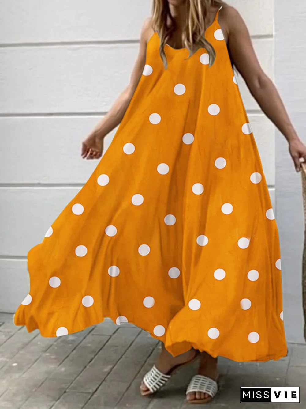 Polka Dot Adjustable Strap Sleeveless Backless Maxi Dress