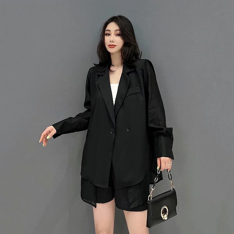 Temperament Lapel Double Breasted Long Sleeve Patchwork Blazer And Shorts Two Pieces Set           