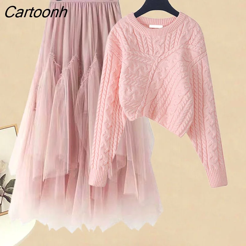 Cartoonh and Winter Suit Women 2022 New Korean Fashion Casual Slim Sweetheart Knitted Shirt Two Piece Western Skirt