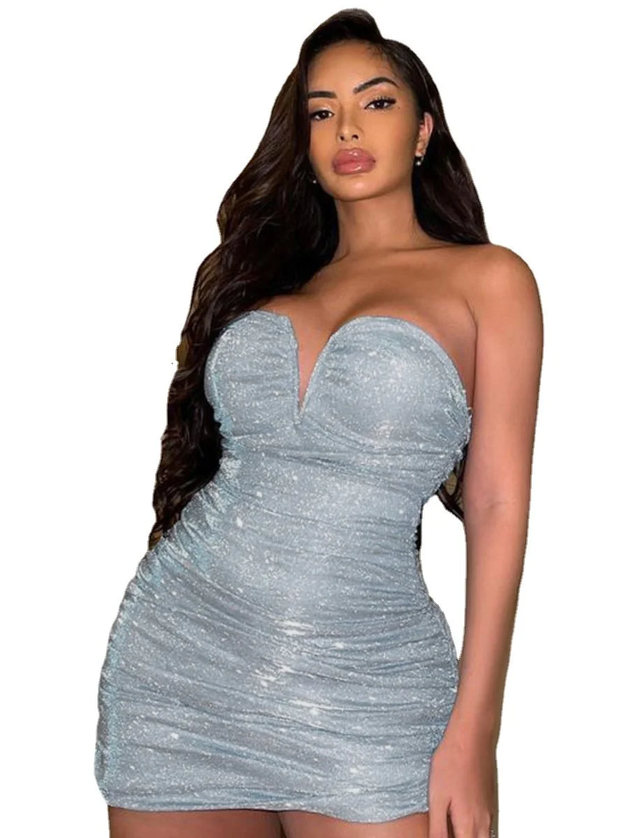 Y2k Fashion Bustier Dress Sequins Glitter V-Neck Pleated Club Bodycon Dress
