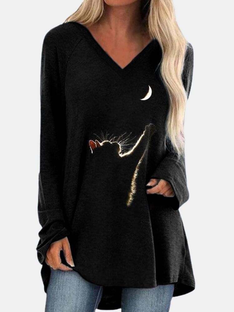 Cat Print Long Sleeves V neck Casual T shirt For Women P1740056
