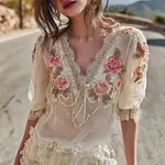 Vintage Bohemian Pink Rose Pearl String V-neck Short Sleeve Top - Image 2