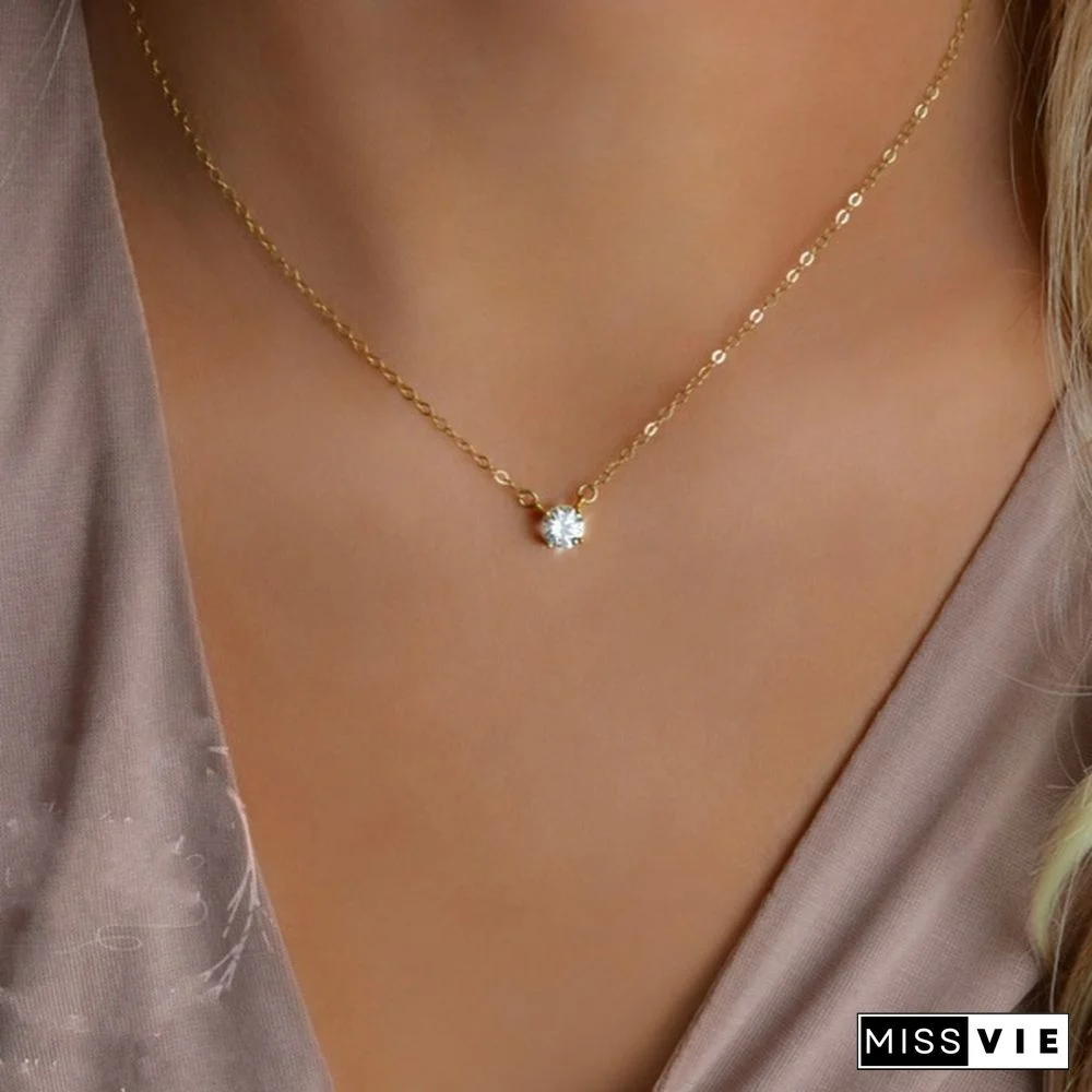14K Delicate Tiny Diamond Pendant Elegant Gold Necklace Women's Jewelry Gift