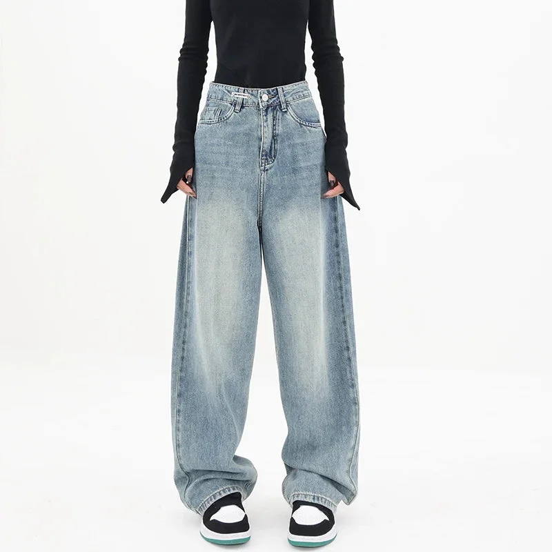 Nncharge Style Vintage High Waist Blue Straight Jeans Pants Korean Fashion Women's Casual Wide Leg Baggy Y2K Denim Trouser