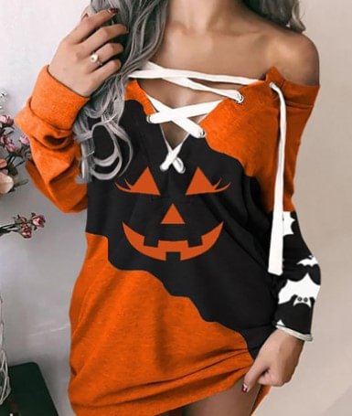 Halloween Pumpkin Face Lace Up  Sweatshirt Mini Dress