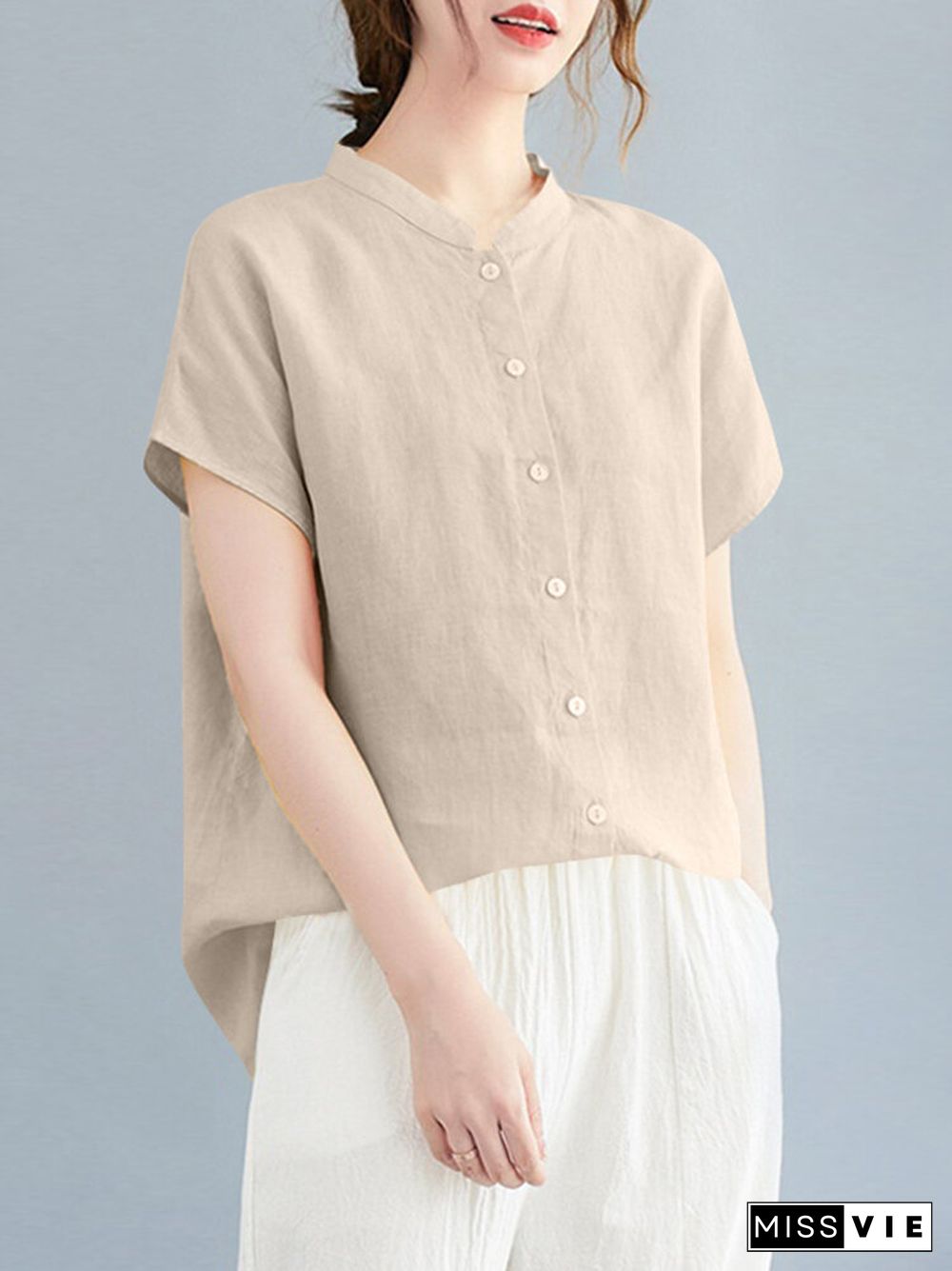 Cotton Solid Button Stand Collar Short Sleeve Casual Blouse