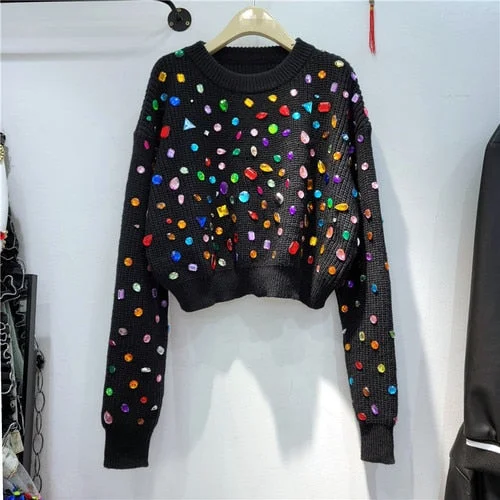 Rhinestone Sweater Long Sleeve High Waist