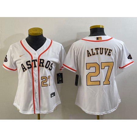 Women's Houston Astros #27 Jose Altuve White 2023 Gold Collection With World Serise Champions Patch Stitched Jersey(Run Small) AJGD