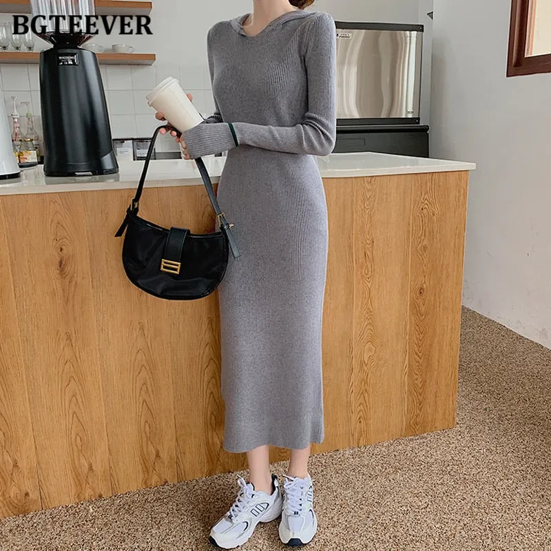 BGTEEVER New Autumn Hooded Side Split Female Knitted Dress Stretched Sweater Women Dress Casual Ladies Pullovers Vestidos 2021