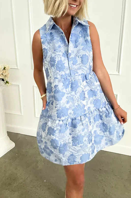 Vintage blue floral print sleeveless mini dress