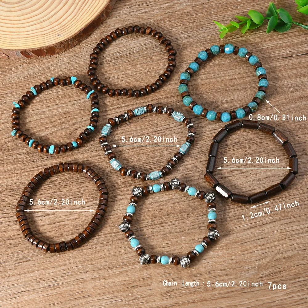 Men's Vintage Turquoise Stone Multi-layered Wood Bead Bracelet-INSPIREUSE