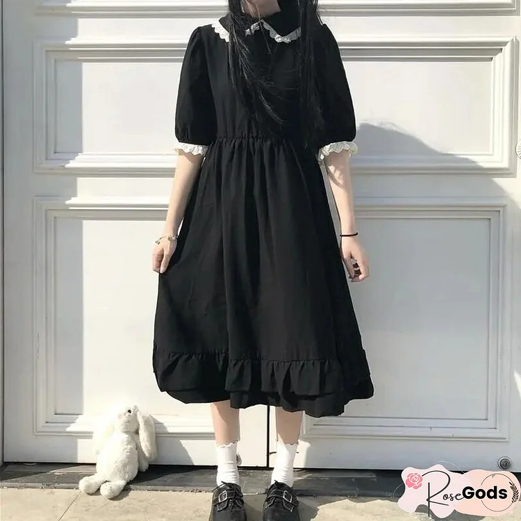 Oversize Sailor Collar Dress Women Summer Loose Solid Black Knee-Length Dress Casual Korean Lace Dress For Student