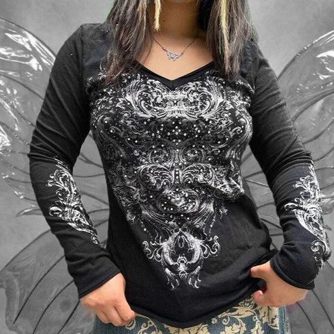 90S Vintage Print V-Neck Women's Long Sleeves