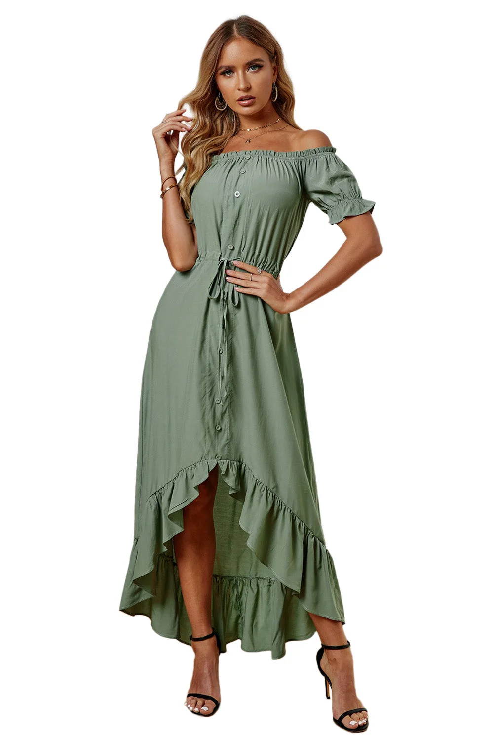Women Sage Green Glaze High Low Off The Shoulder Maxi Dress
