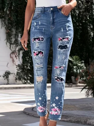 Women's Large-size Ripped Printing Denim Jeans