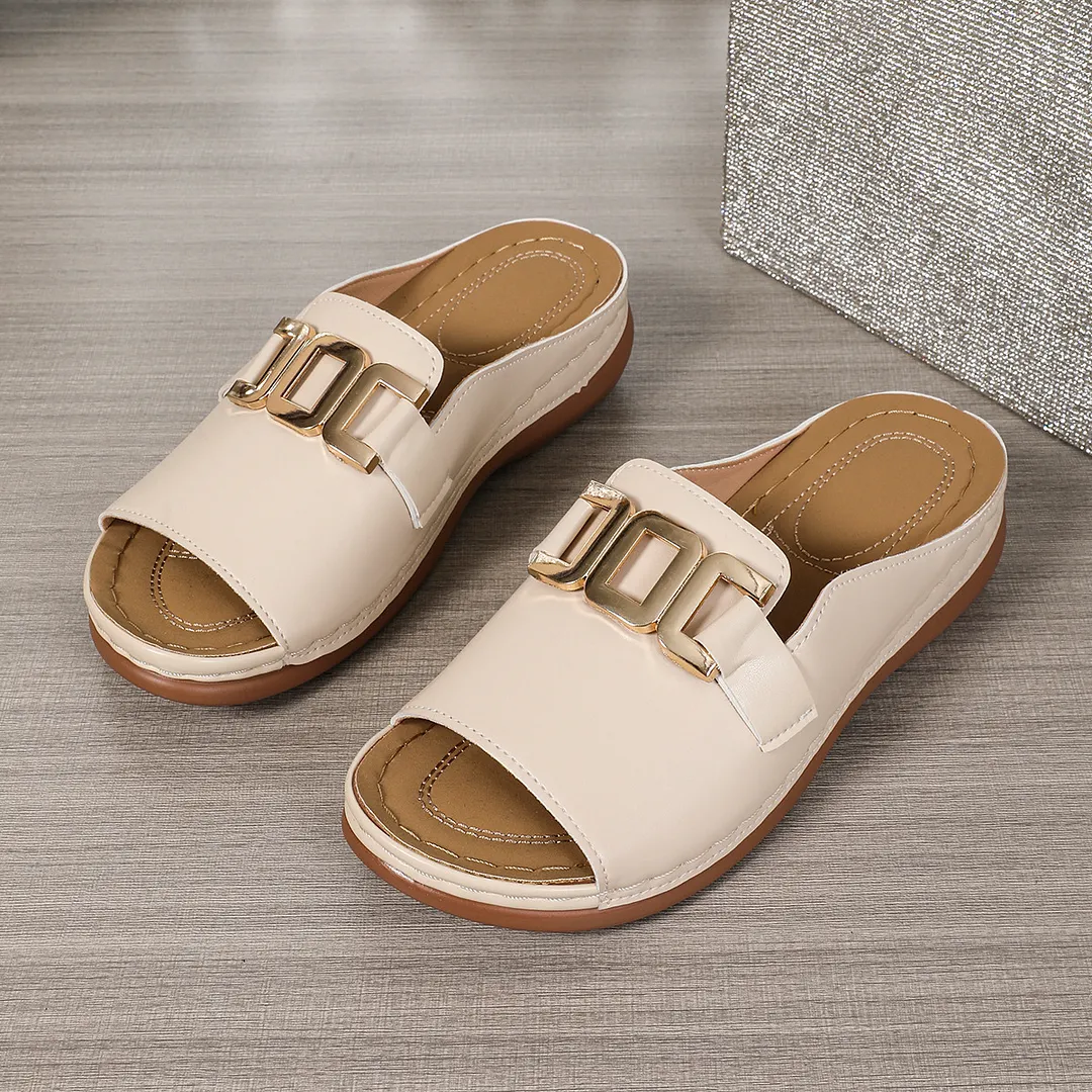 Breakj Breakj New Slope And Thick-Bottom Slippers Women Metal Decoration Type Roman Wind Fish Mouth Beach Cold Slippers