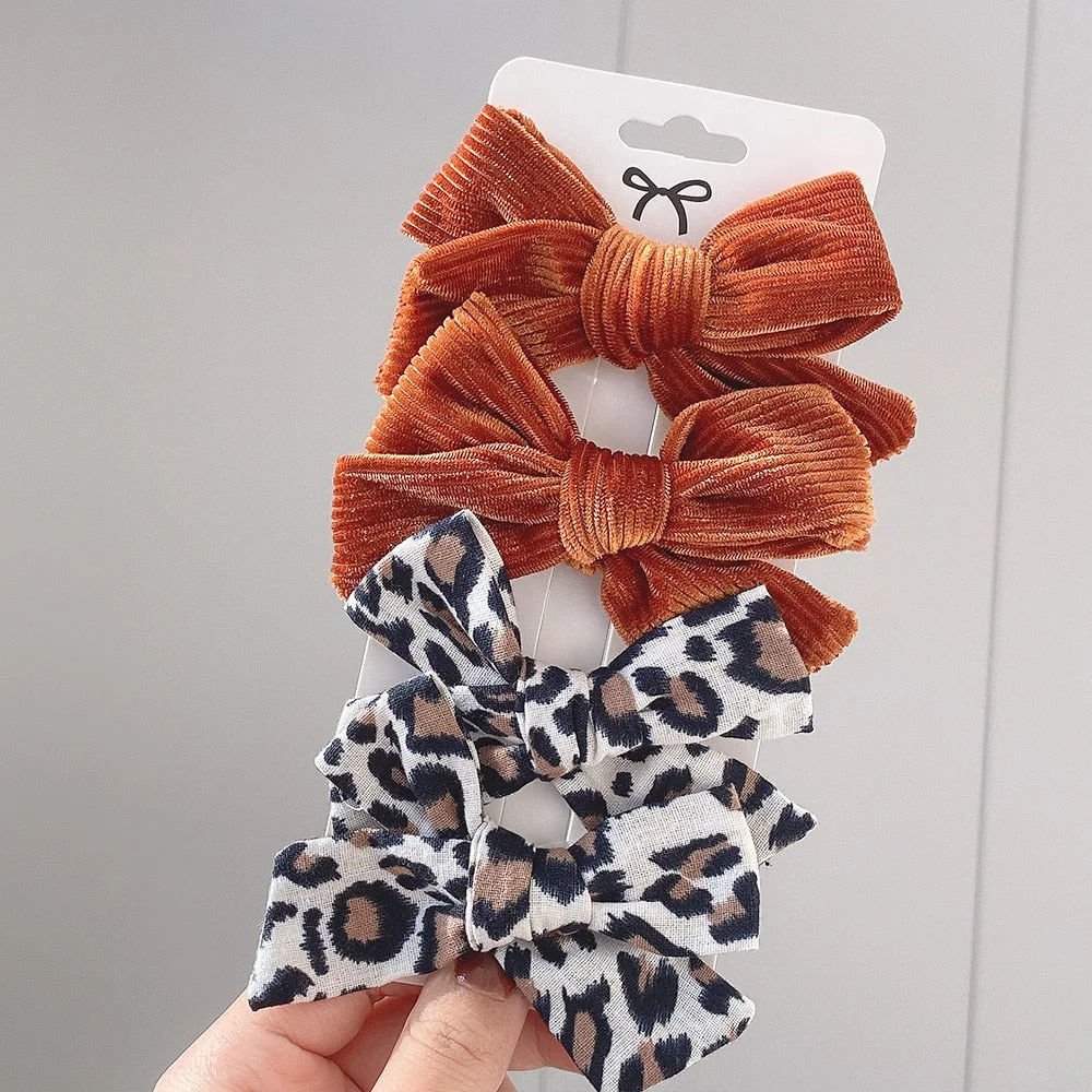 4Pcs/set Leopard Print Hairpins Bowknot Hair Clips For Cute Girls Cotton Safty Barrettes Hairgrip Headwear Kids Hair Accessories
