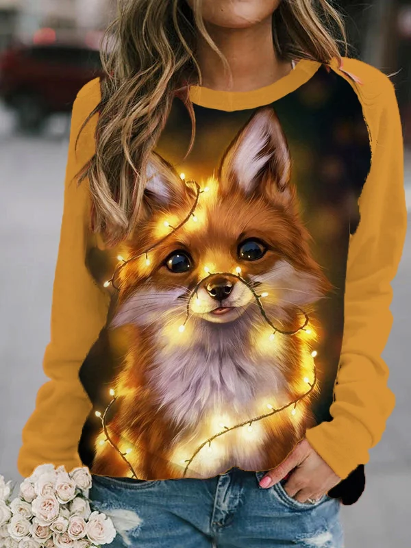 Langarm-Freizeit-Sweatshirt mit Fuchs- und Lichterketten-Aufdruck