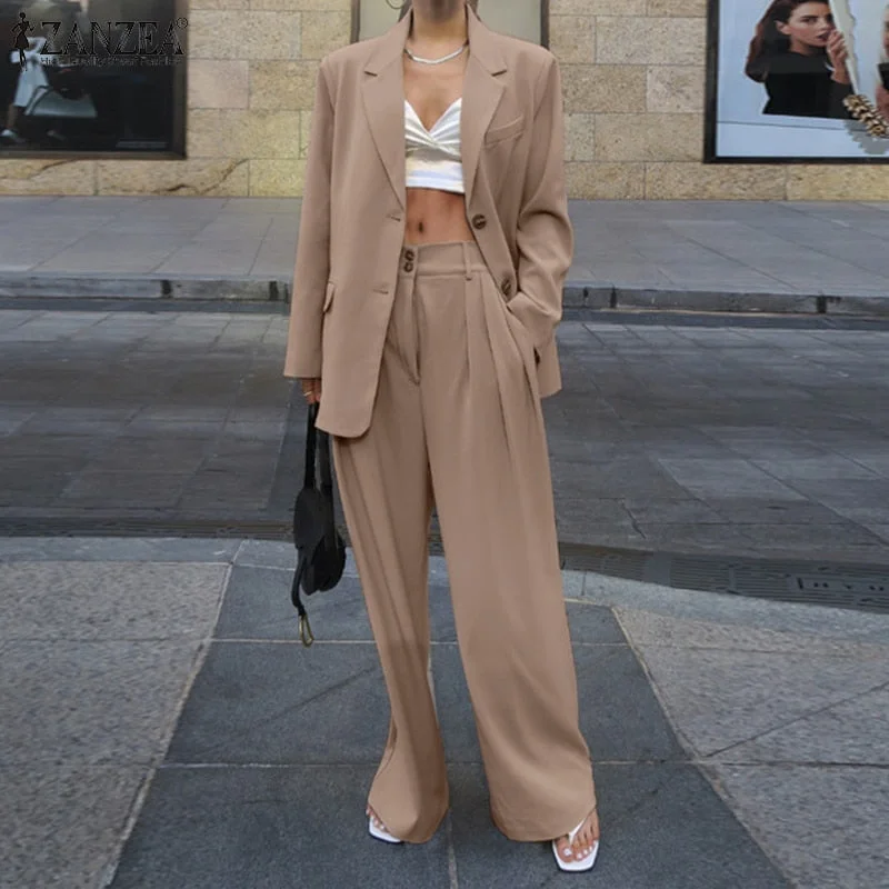 Two Piece Sets Womens Outifits ZANZEA Spring Urban Tracksuit Elegant Blazer Suits Fashion Long Sleeve Tops Wide Leg Pants Sets