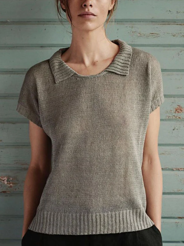Casual Knit Lapel Women's Short Sleeve