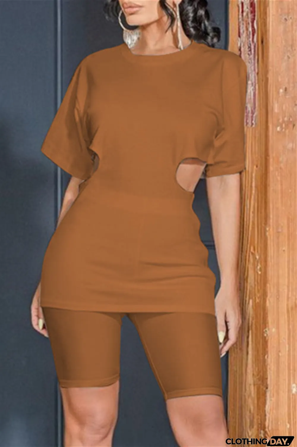 Brown Fashion Casual Solid Hollowed Out Zipper O Neck Short Sleeve Two Pieces