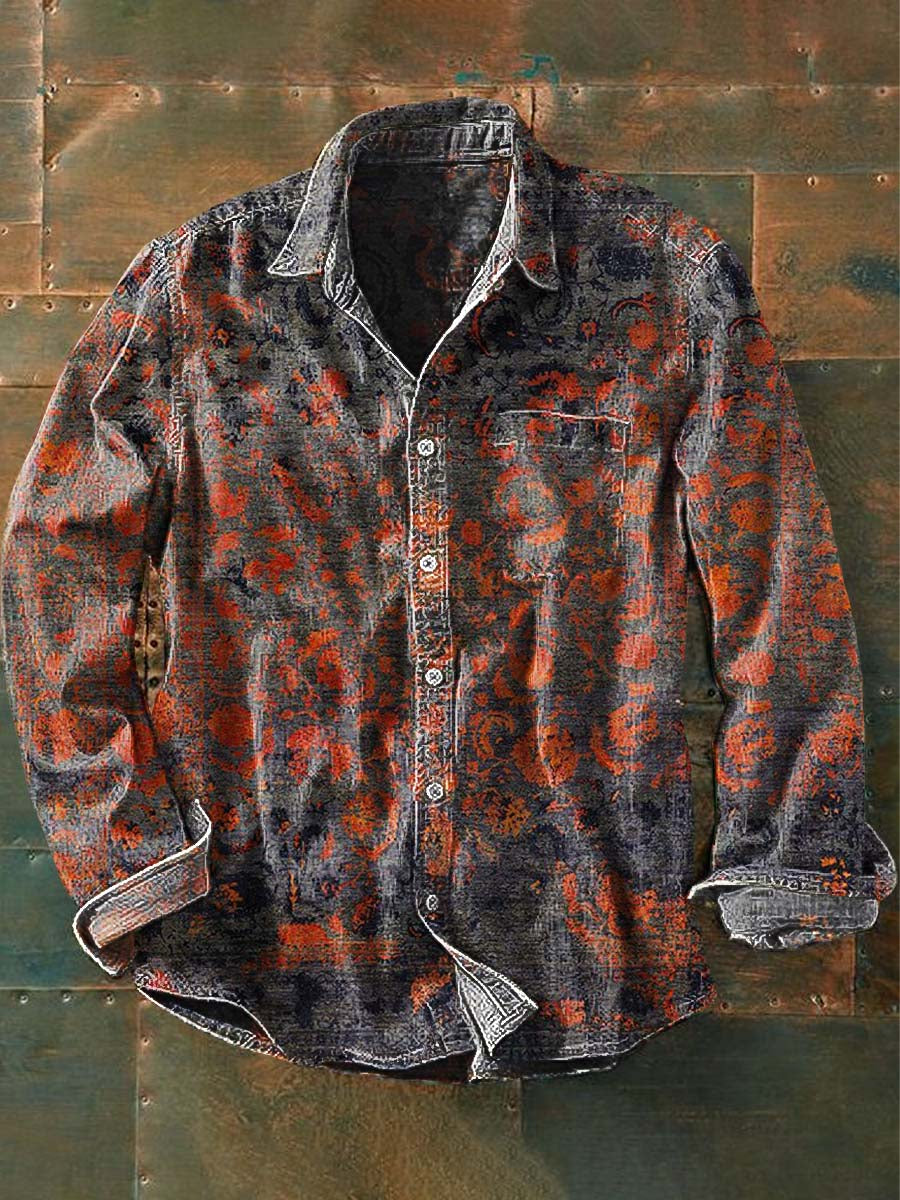 Men's Vintage Tribal Ethnic Print Casual Lapel Long Sleeve Shirt