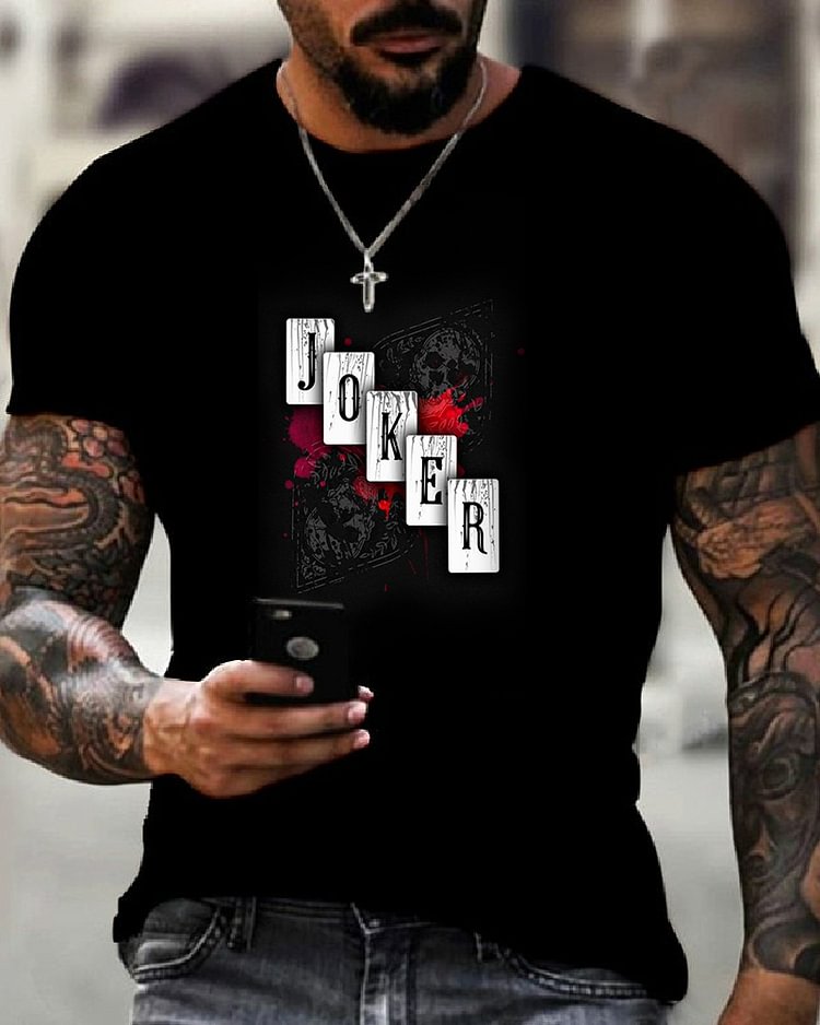 2023 Men's Hot Products Stylish Casual Black Poker Print T-Shirt