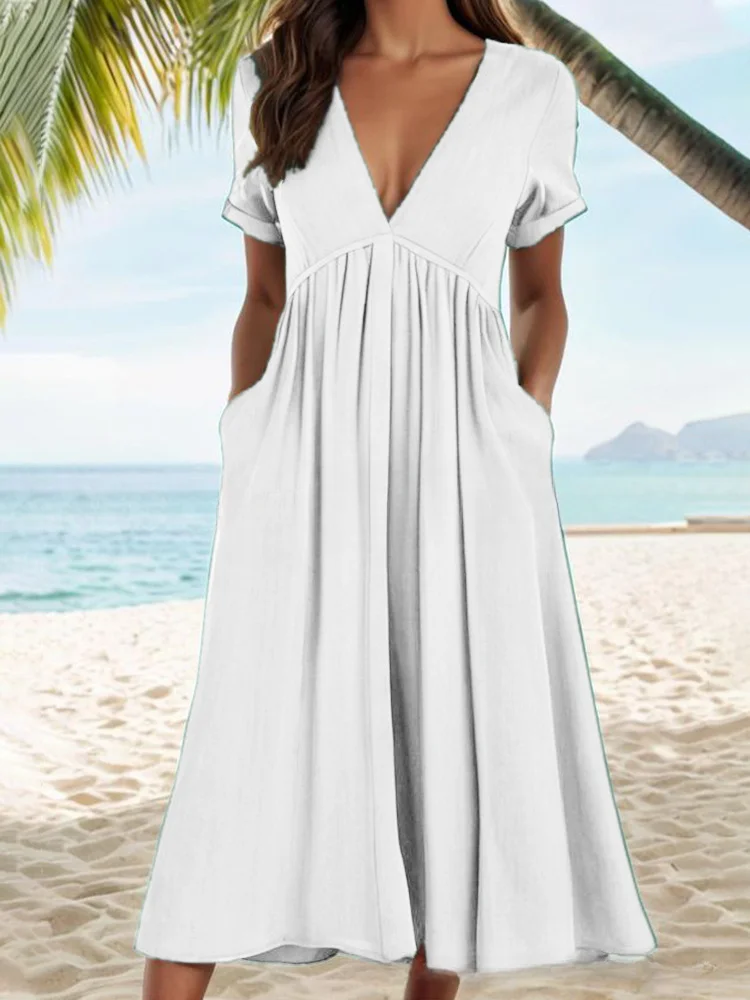 Women's spring and summer solid color short-sleeved cotton and linen V-neck waist dress socialshop