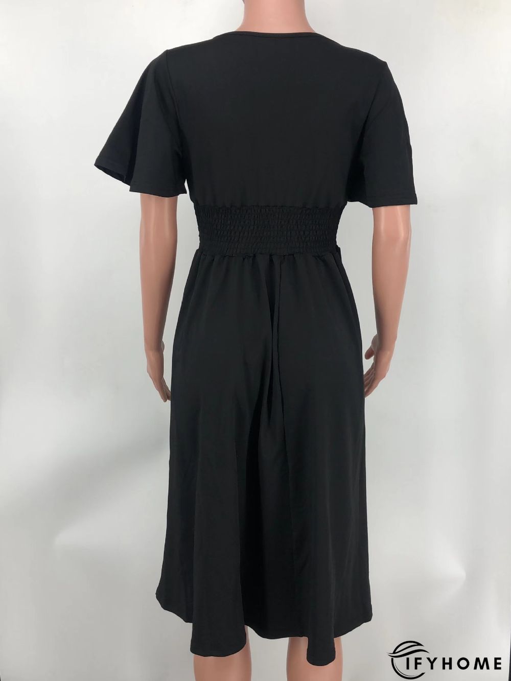 Fashion Solid Color V-neck Short-sleeved Waist Pleated Dress | IFYHOME