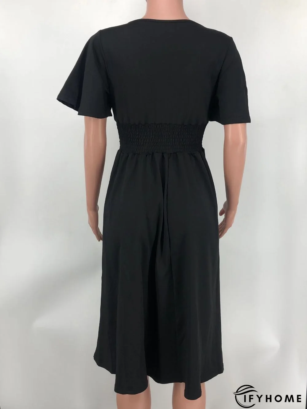 Fashion Solid Color V-neck Short-sleeved Waist Pleated Dress | IFYHOME