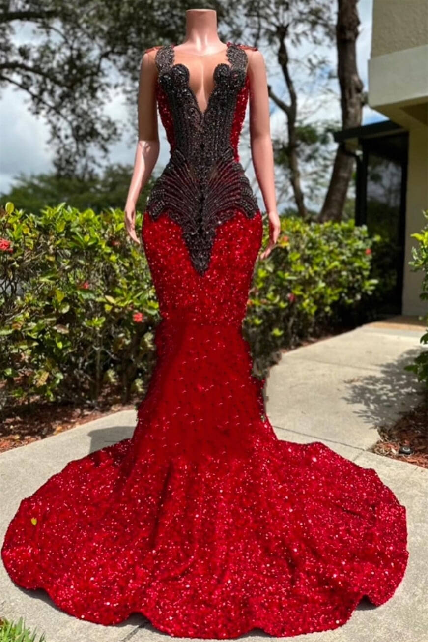 Bellasprom Red Scoop Sleeveless Mermaid Prom Dress Sequins Long With Beadings Bellasprom