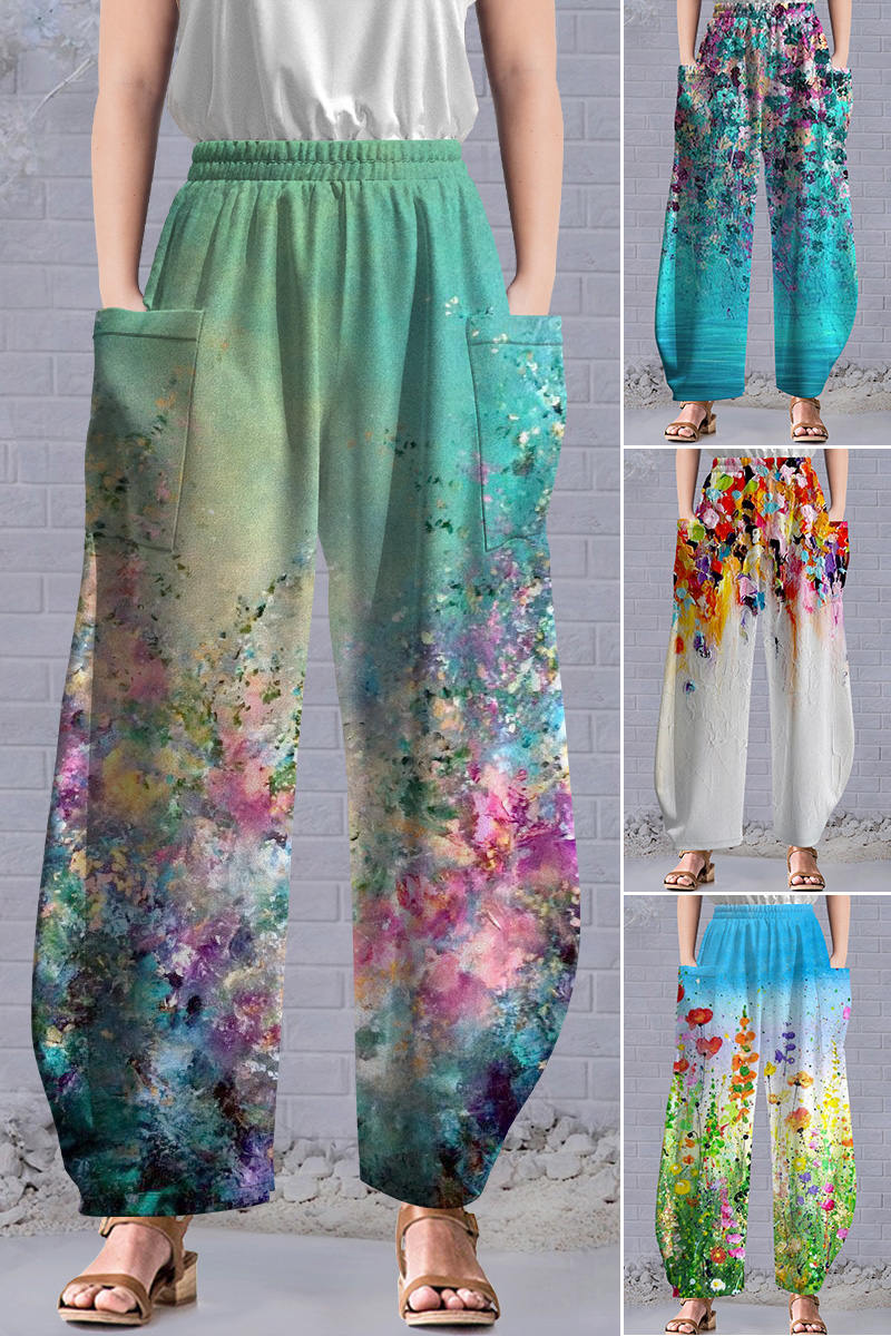 Flycurvy Plus Size Casual Green Retro Oil Painting Graffiti Floral Print Ombre Pocket Pants