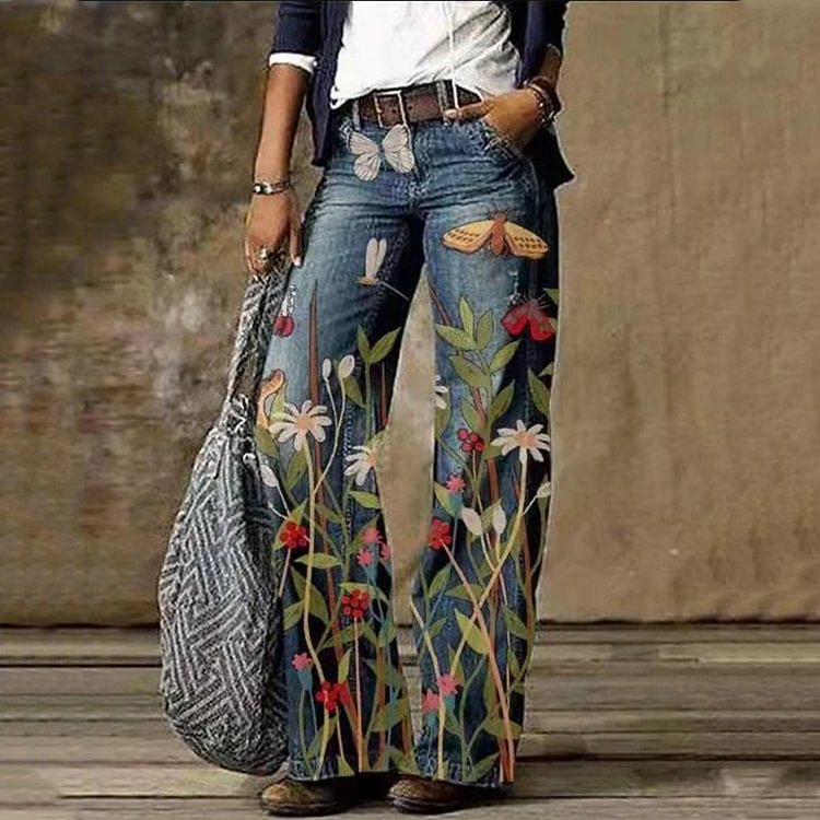 Retro Style Flower Butterfly Printed Wide Leg Jeans