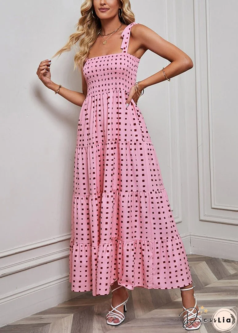 Pink Print Cotton Spaghetti Strap Dress Elastic Waist Summer