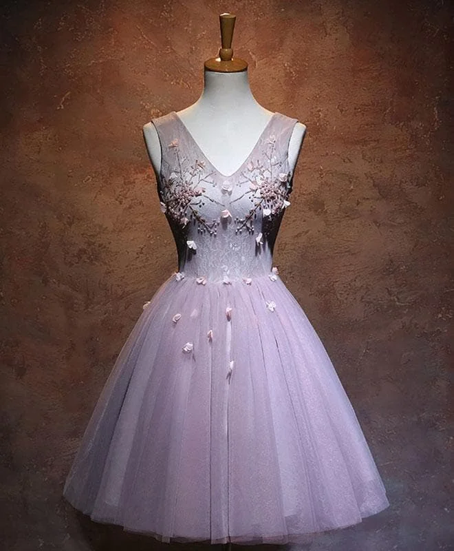 Pink V Neck Tulle Short Prom Dress, Pink Homecoming Dress