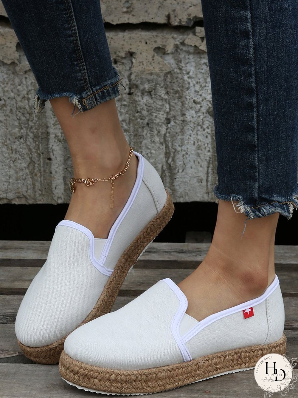 Black White Canvas Straw Platform Loafers