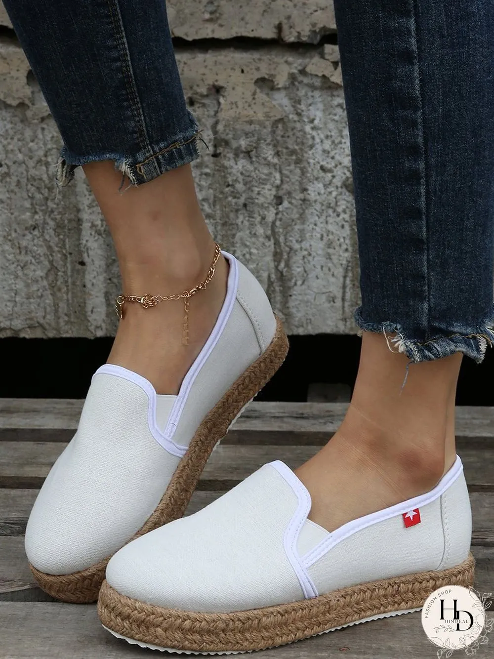 Black White Canvas Straw Platform Loafers